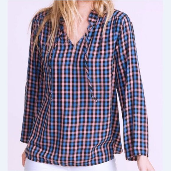 New: 8-10 M Women's Rayon Old Navy Pink & Blue Plaid Top - Picture 3 of 5